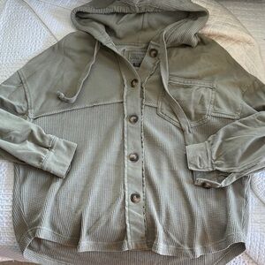 American Eagle Eucalyptus Oversized Hooded Waffle-Knit Button Shirt